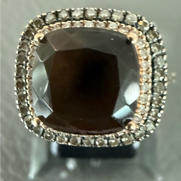 Elegant Brown Topaz Center Gemstone Ring W/chocolate diamonds, Rose Gold Band - Picture 2 of 5